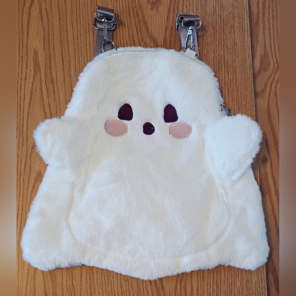 Kawaii White Fuzzy Ghost Plush Backpack Halloween Spooky Cute Mini Bag - NWOT
